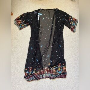 Cupshe Black Sheer Floral-Print Kimono with Teal & Cream Accents